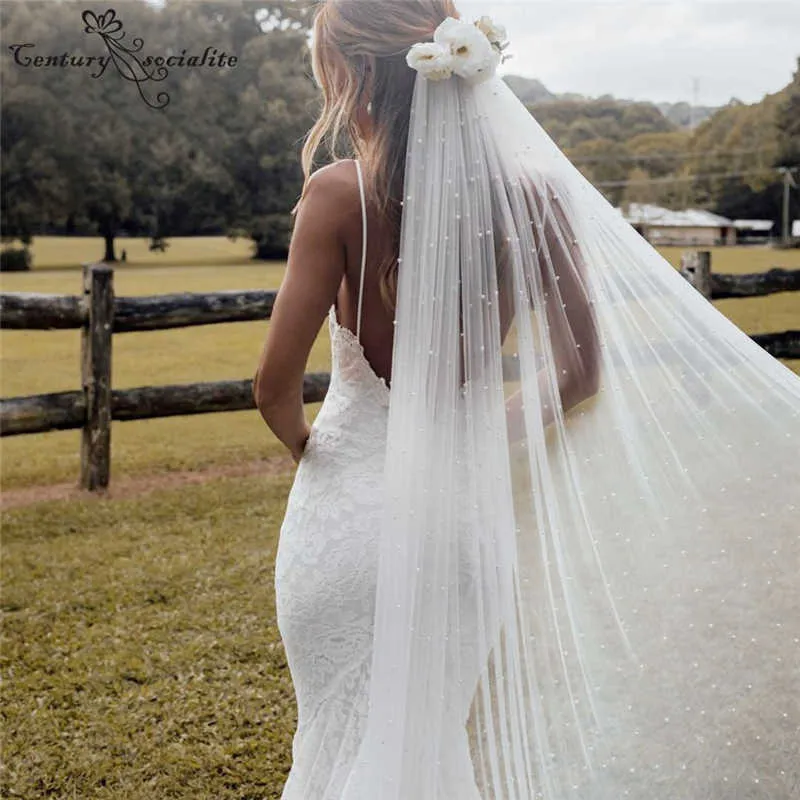 Véus de noiva longos marfim com pérolas e pente, véu de casamento catedral de uma camada, acessórios brancos para noivas x07268030475