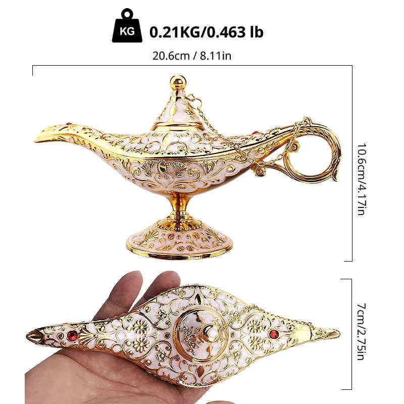 22 cm Élégant Vintage En Métal Sculpté Aladdin Lampe Éclairage Thé Huile Pot Décoration Chiffres Économie Collection Arts Artisanat Cadeau 211105
