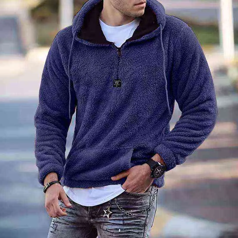 Outono inverno homens quente faux lã hoodie canguru bolsos moletom casual zipper homens com capuz roupas sólidas streetwear tops 211217