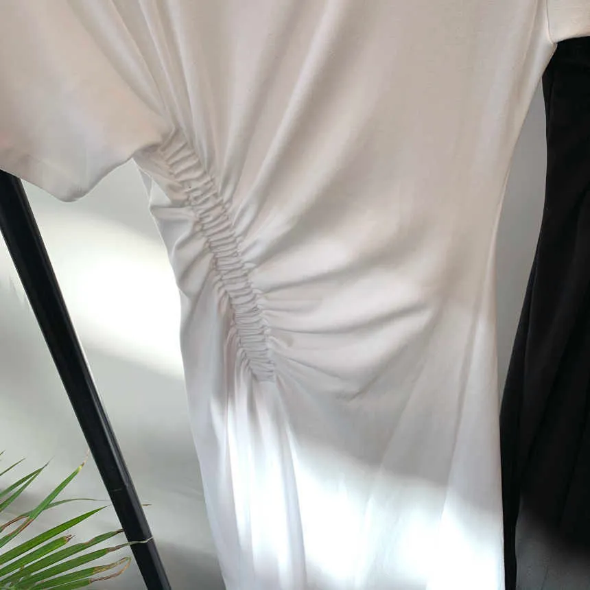 Dorywczo Lato Podstawowe White O Neck Krótki Rękaw Tshirts Sukienka Kobiety Plisowane Waist Slim Black Side Slit Sret-Sleeved All-Dopasuj 210610