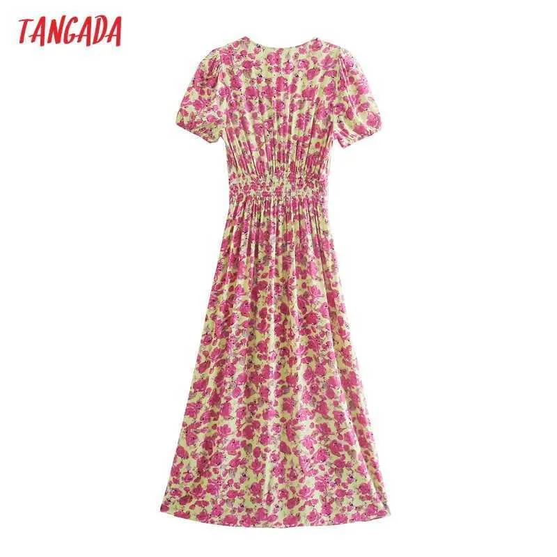 Tangada Sommer Frauen Rote Blumen Drucken Französisch Stil Midi Kleid Puff Kurzarm Damen Sommerkleid 5Z240 210609