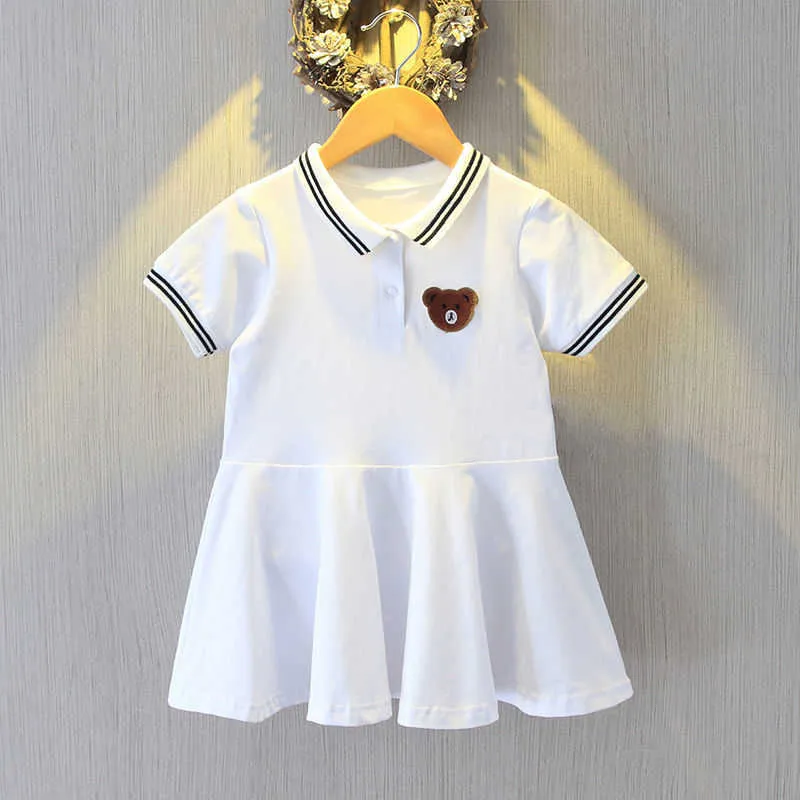 Robe de filles de couleur rose blanche pour 1-6 ans d'été à manches courtes Polo enfants robes de coton ours coeur broderie sport robe de jeu Q0716