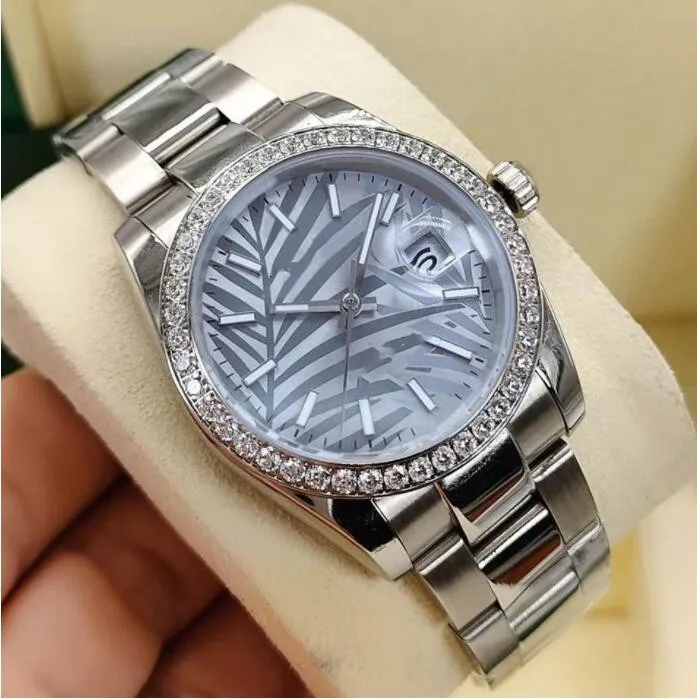 36mm Fashion Women's Automatic Movement Watch 2813 Mechanical Gold Rostless Steel Strap Women Watches Palms Leaves Dial Lady302W