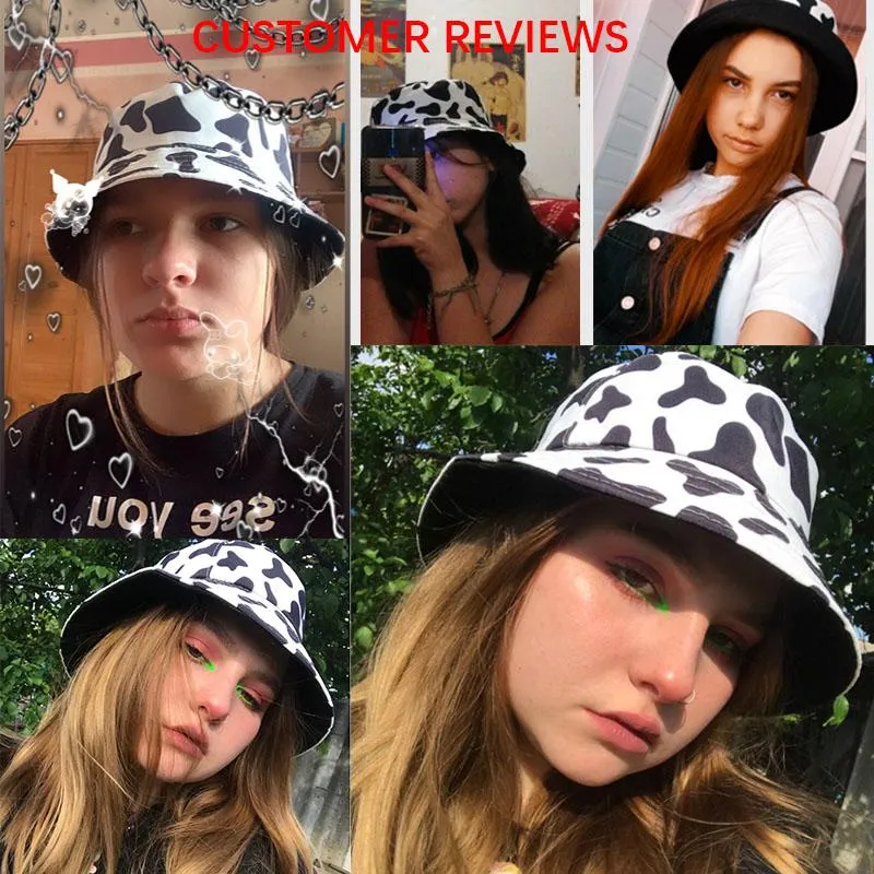 2021 Nouveaux chapeaux de mode réversibles noir blanc motif de vache chapeaux de seau casquettes de pêcheur pour femmes Gorras chapeau d'été en coton est disponible des deux côtés