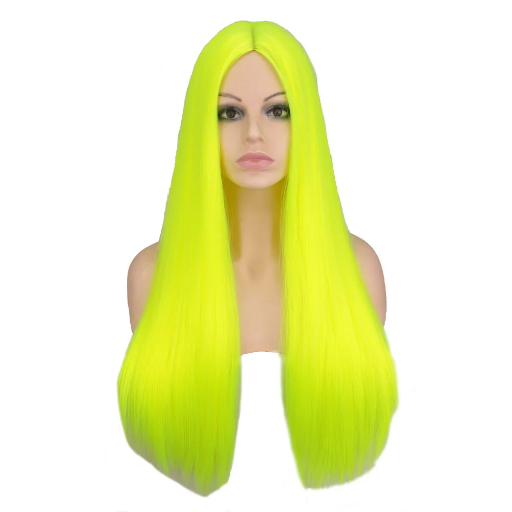 Gesimuleerde hoofdhuid neon gele lange rechte pruik voor vrouwen hittebestendig natuurlijk feest Halloween synthetisch haarpruikenfactory direct