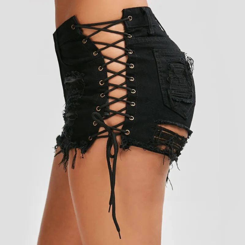 Sexy Summer Women Denim Shorts New Black Blue High Waist Ripped Short Jeans Femme Tassel Lace Up Bandage Hotpants 210306