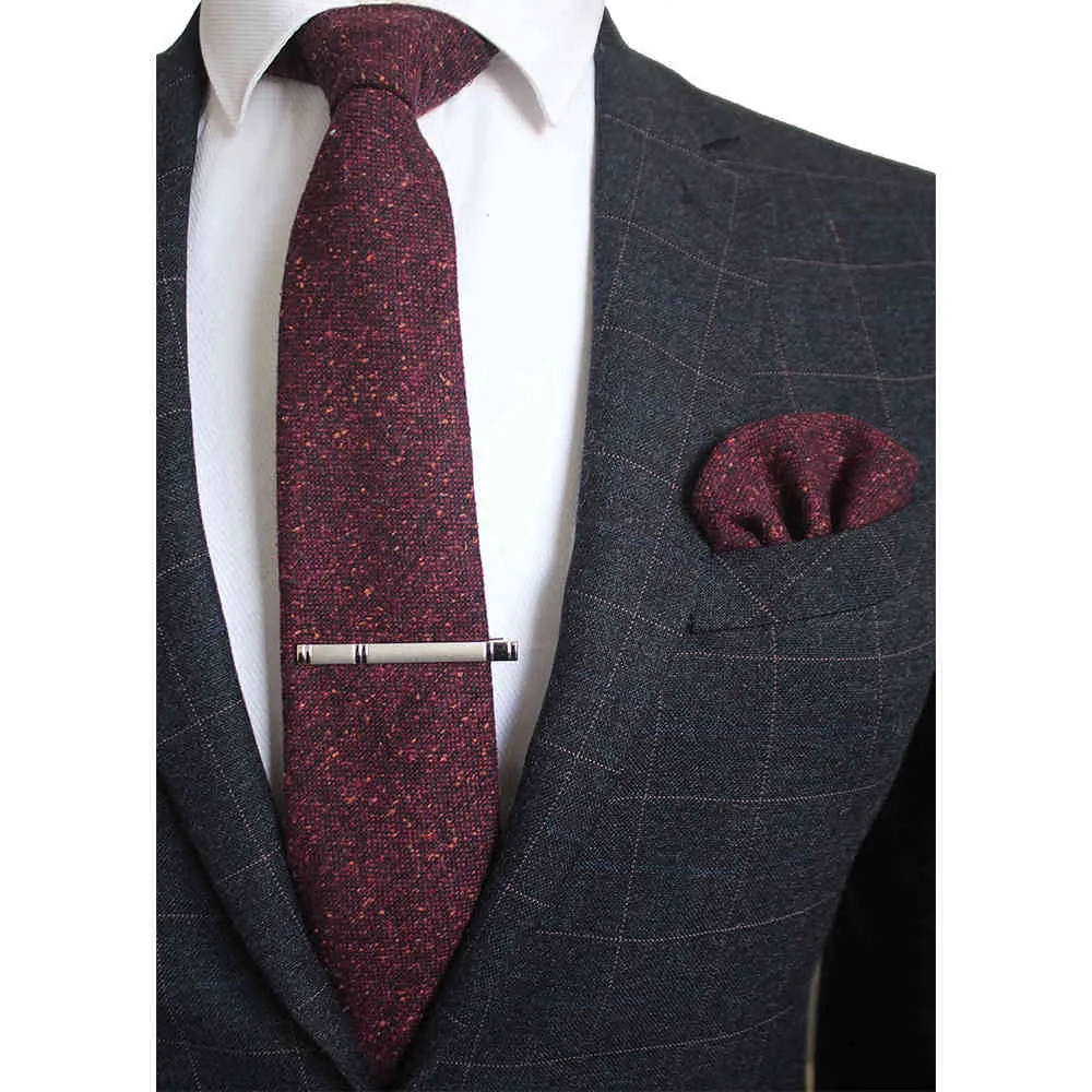 KAMBERFT Solid Color Cashmere Wool Necktie and Pocket Square Clip Sets for 8cm Red Brown Green Gray For Men Wedding Tie