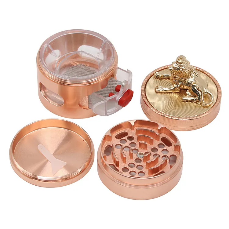 New Metal Herb Grinder Diameter 63mm 4-Layer Lion Cover Concave Side Zinc Alloy Manual Cigarette Set för tobak