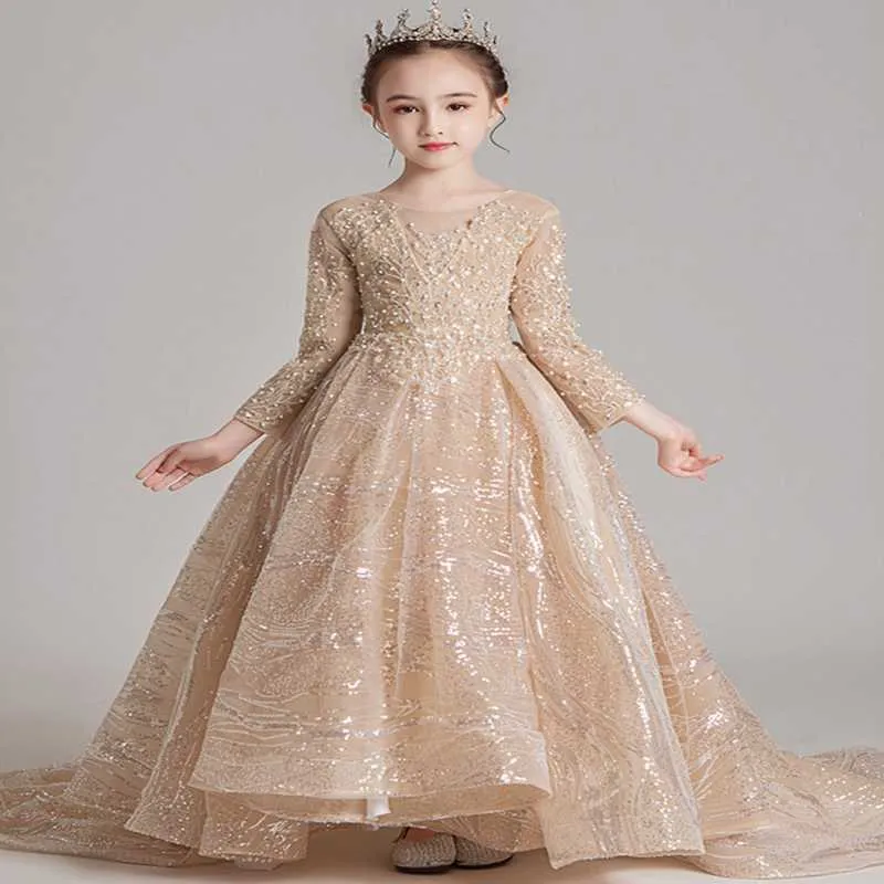 Spring Teenagers Girls Formal Dress Long Sleeve Pearls Cute Style Party Model Show Dresses for Weddings E1130 210610