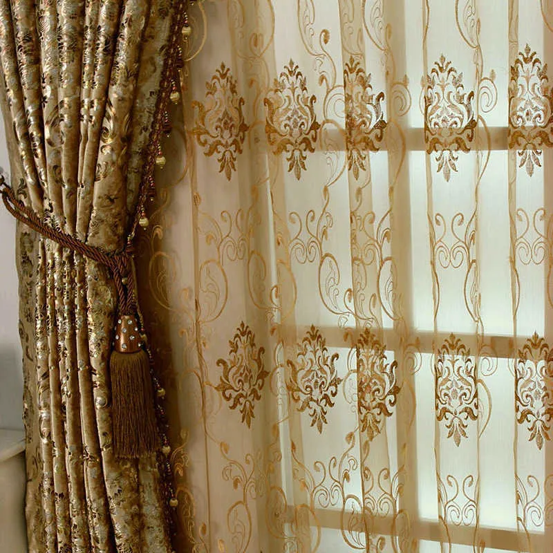 Rideau de luxe européen s pour le salon velours transparent en or imprimé haut ombrage fenêtre chambre à manger 210608302j
