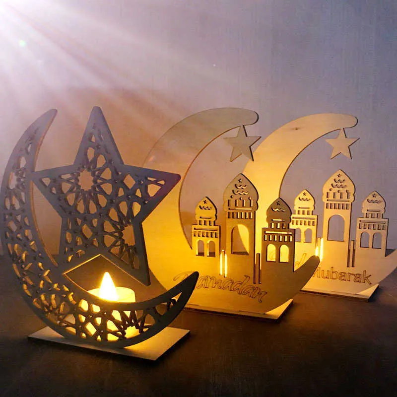 Eid Mubarak Houten Hanger Ramadan Decoratie LED Kaarsen Licht Maan Ster Houten Ambachten Eid Mubarak Decor voor Home Eid Al Adha Y0730
