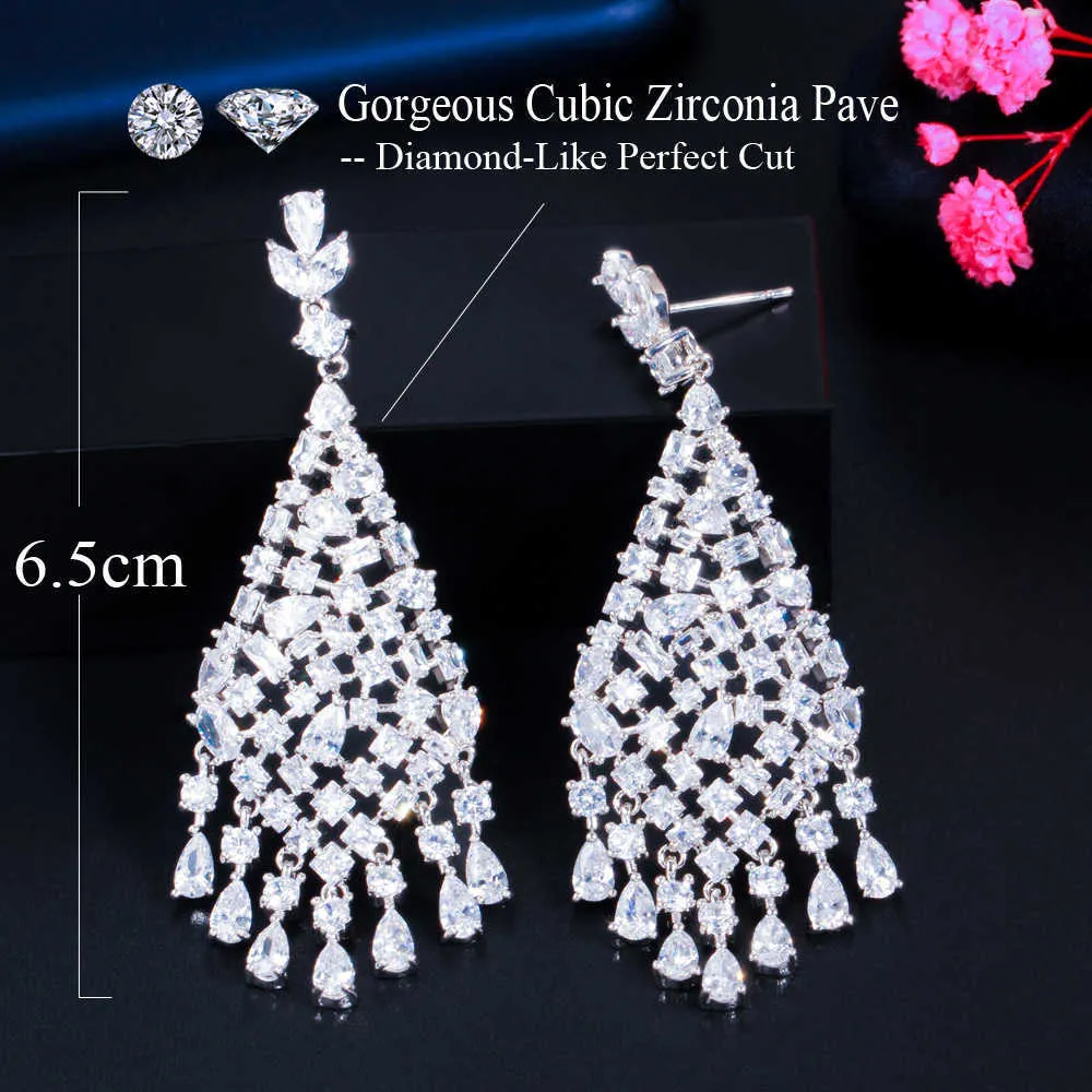 Brillant blanc zircon cubique Dangle grand Long lustre boucles d'oreilles pour les mariées mariage fiançailles bijoux CZ856 210714