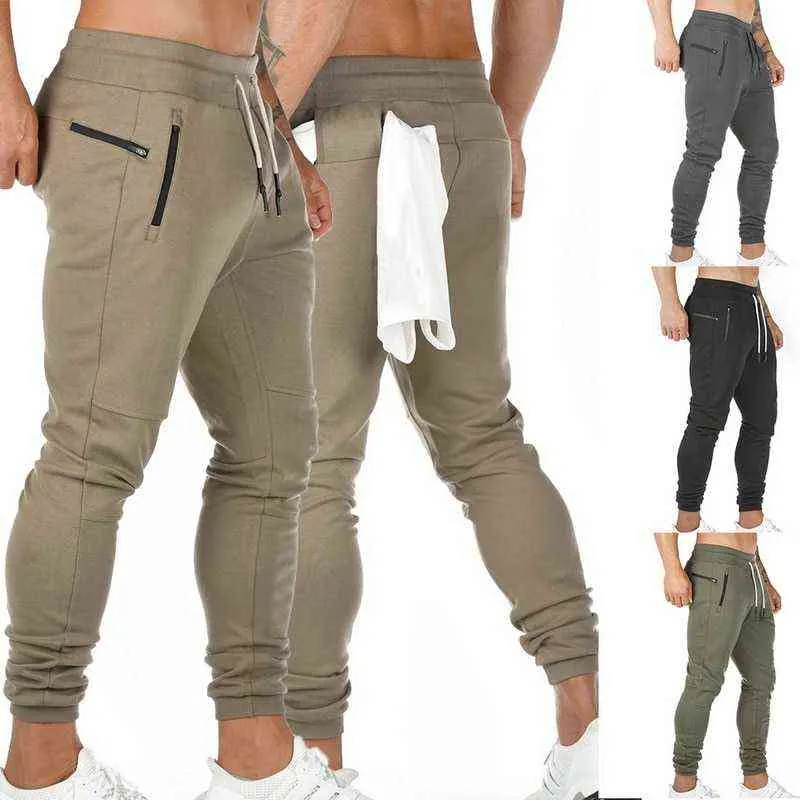 2021 Men Sportswear Drawstring Waist Sports Trousers Gym Joggers Pants Zipper Pockets Sweatpants Track Pants Running H1223