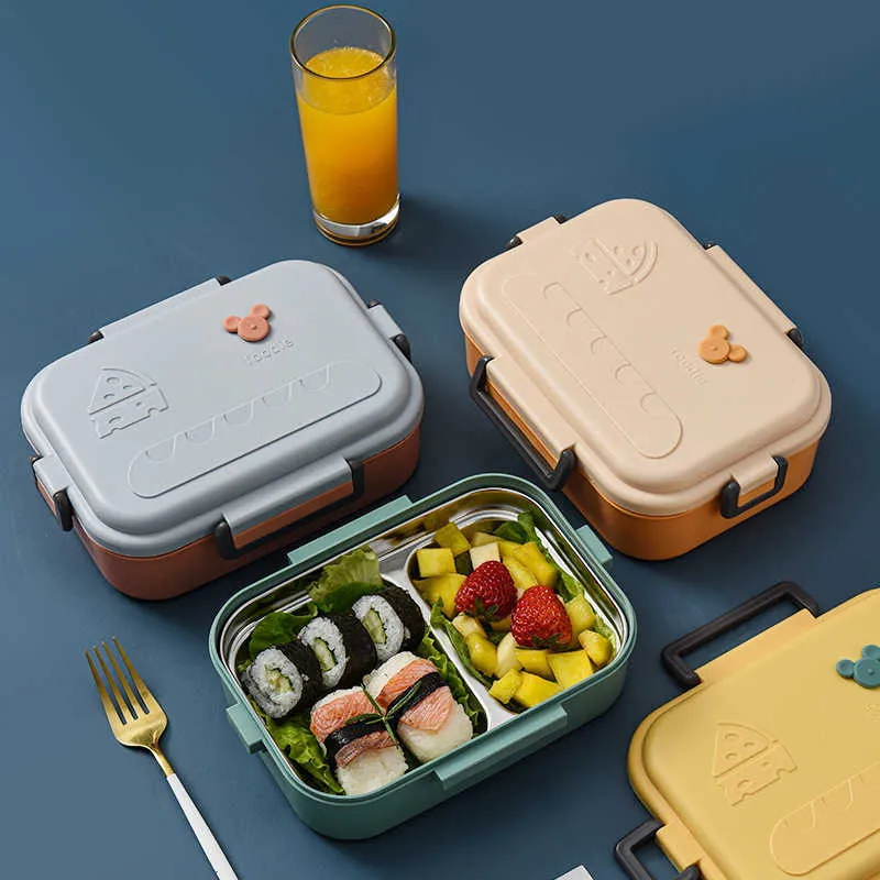 Rvs Lunchbox Bento Box voor Kinderen Office Werknemer 2 Compartementen Microwae Verwarming Lunch Container Voedsel Opbergdoos 210925