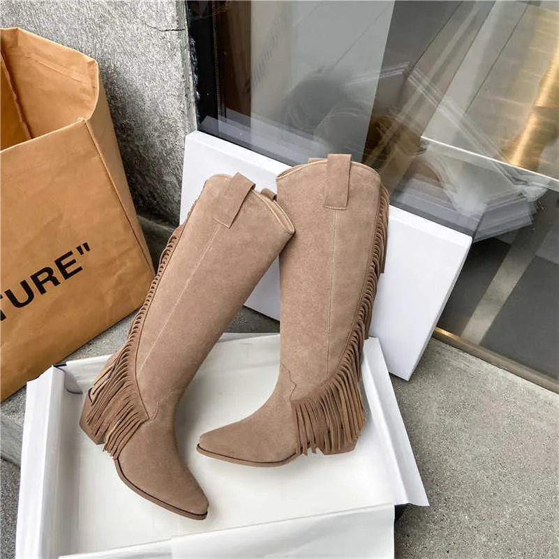 Meotina véritable cuir genou bottes hautes femme talon haut bottes occidentales chaussures à talons épais frange bout pointu dames bottes longues noir 210608