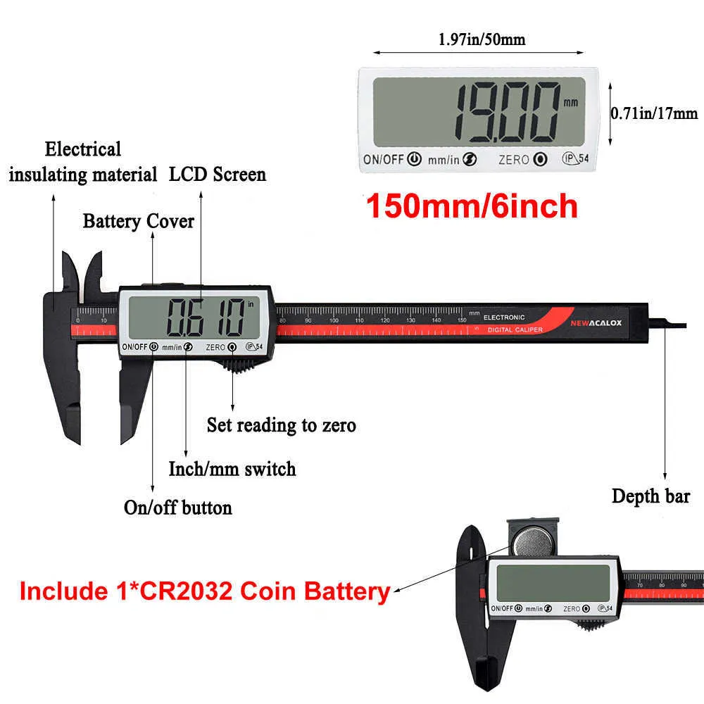 Acalox Carbon Fiber 0-6Inch / 150mm Touch Screen Digital Caliper Large LCD-tum / metrisk konvertering Mätverktyg 210922