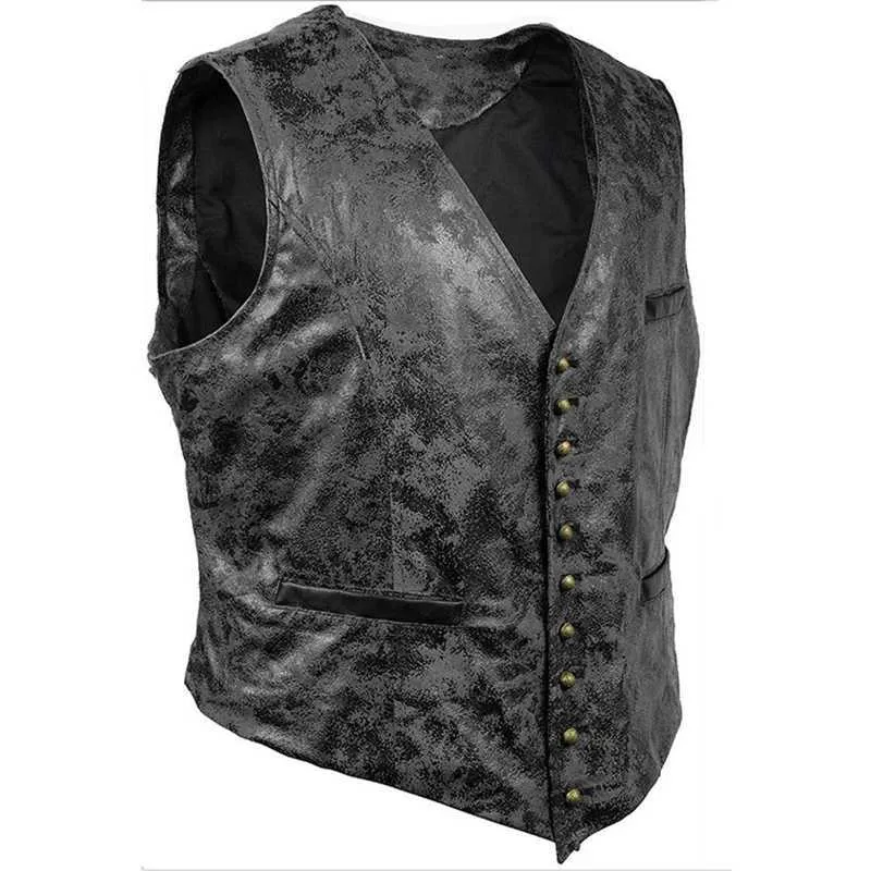 Hommes Steampunk Cosplay Costume Gilet Veste Marque Rivet Bouton Faux Cuir Cowboy Taille Manteau Chalecos Para Hombre 210923