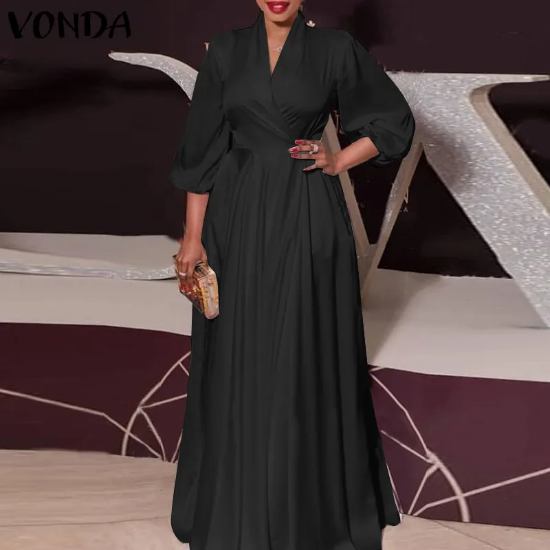 VONDA Sommer Lange Maxi Party Kleid 2021 VONDA Sexy V-ausschnitt Langarm Solide Kleider Plus Größe Böhmischen Vestidos Femme sommerkleid X0521