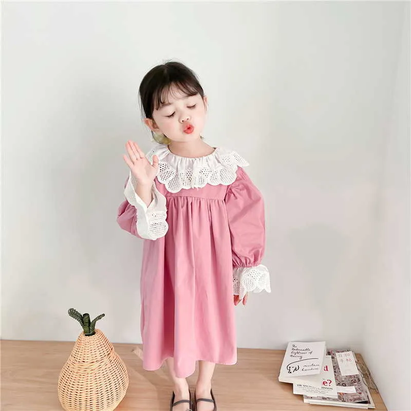 Koreanischer Stil Frühling Mädchen Kleider Spitze Peter Pan Kragen Puff Prinzessin Mädchen Kleidung E9035 210610