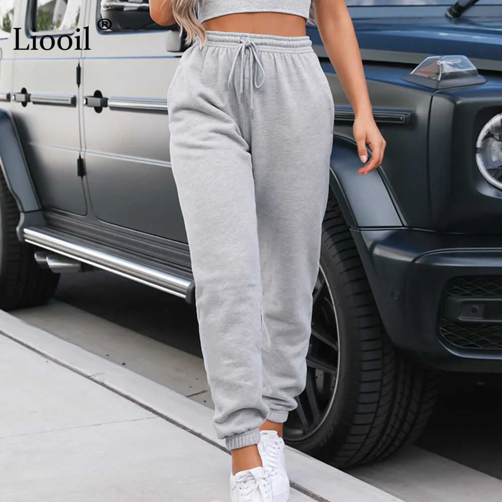 Liooil Pantaloni sportivi larghi a vita alta sexy Pantaloni da donna con tasche Streetwear Pantaloni da jogging da donna in bianco e nero 210915