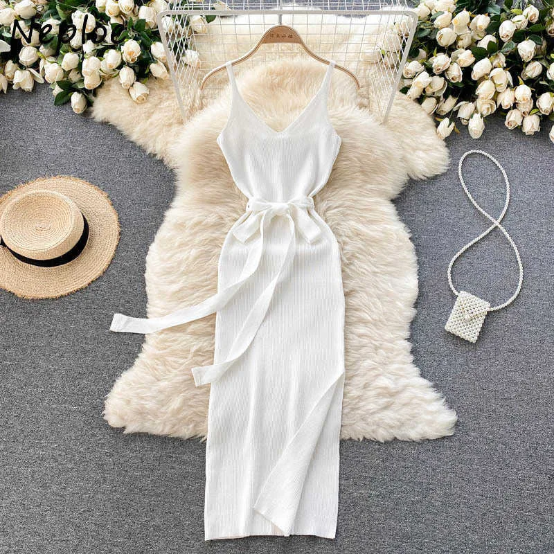 Neploe Temperament Mature Knit Dress Women High Waist Hip Sashes A Line Sli Vestidos Summer 2021 New Sleeveless Camis Robe C0607
