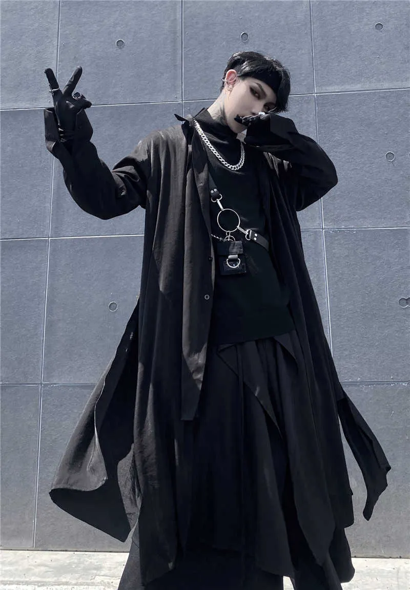 Yamamoto dark mid-length windbreaker shirt male fake two loose wild pure black long-sleeved jacket 210721