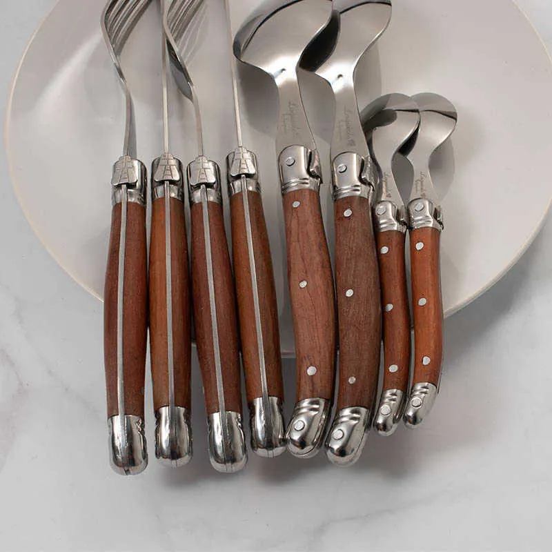 Laguiole Cutlery Set Trähandtaget Tabelleris Rostfritt stål Stek Knivar Trä japanskt middagar Kök Accessoreis X0272E