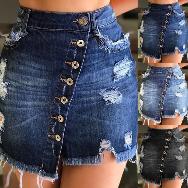 Women Short Denim Skirt Sexy Mini Jeans Solid Skirts Harajuku Fashion Ripped Streetwear Black blue Skirt High Waist Summer Dress