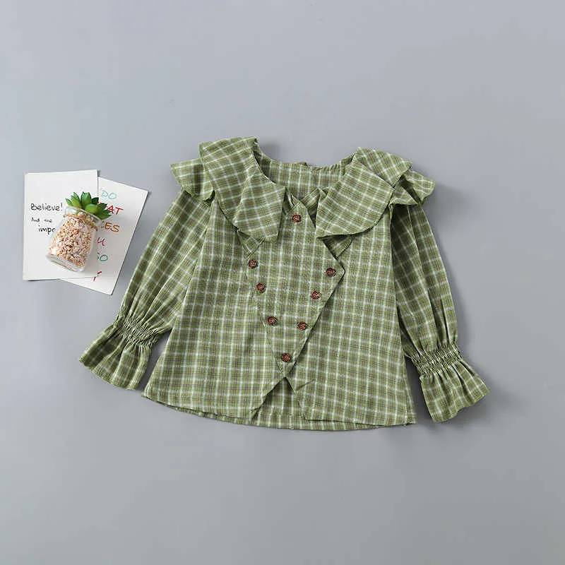 2-7 년 고품질 소녀 의류 세트 가을 패션 노란색 녹색 격자 무늬 셔츠 + 데님 치마 아이 210615