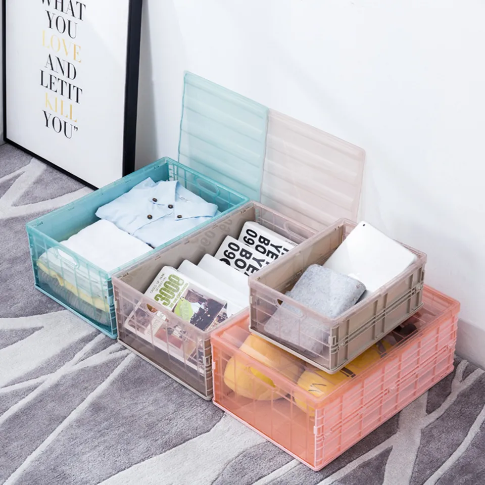 Collapsible Plastic Storage Box Basket Folding Case Crate Boxes Utility Cosmetic Container Desktop Holder 210315