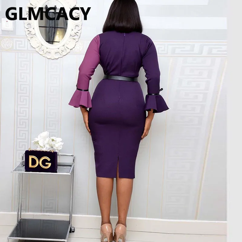 Kobiety Blok Kolor Z Długim Rękawem V-Neck Flare Rękaw Bodycon Sukienka Office Lady Elegancki Plus Size Oversize Dresses X0521