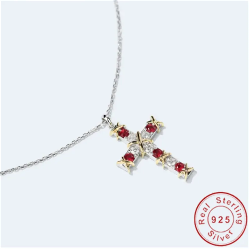 Colgante de cruz de diamante de rubí simple, collar de colgantes de boda para fiesta de Plata de Ley 925 auténtica para mujeres y hombres, joyería de moissanita Gift247G