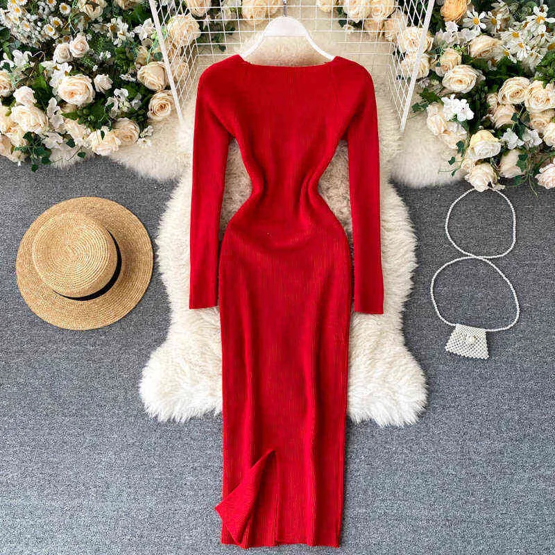 Vintage elegant Sexy low-neck leaky clavicle tight-fitting dress waist hip elastic knitted dress female autumn winter base dress Y1204
