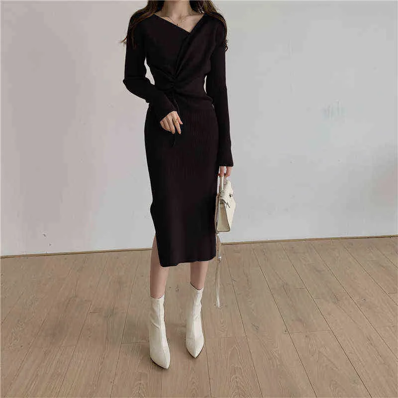 Robe fourreau en tricot à col en V avec cordon de serrage coréen élégant à manches longues automne hiver femme robe pull robe de soirée plissée nouveau X899 Y1204