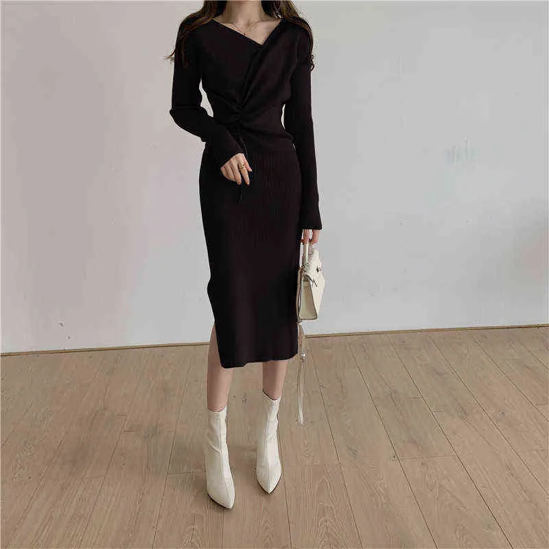 V-Neck Sznurek Knit Płaszcza Sukienka Koreański Elegancki Z Długim Rękawem Jesień Zima Kobieta Sweter Sukienka Plisowane Party Dress New X899 Y1204