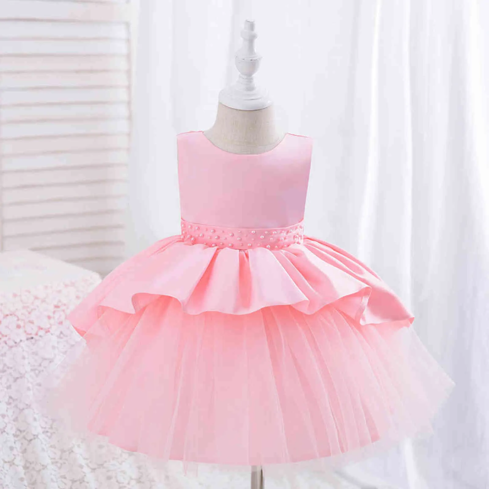 Yoliyolei Princess Party Dzieci Dress Tail Zdejmowany Bowknot 0-2y Baby Girl Flower Elegancki Tulle Satynowe Toddler Dzieci Suknia G1129