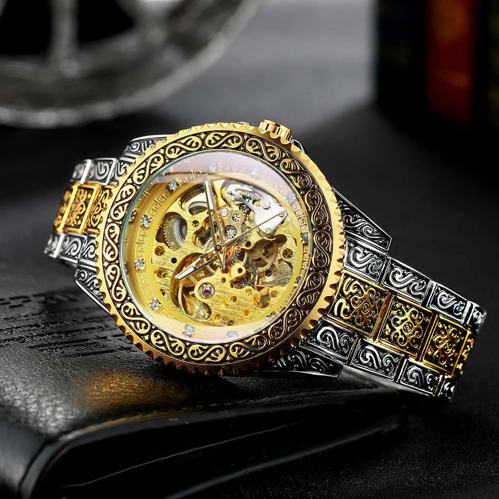 Winner Gold Skeleton Watch Watch Homens Automático Vintage Royal Moda Gravado Auto Pulso Relógios Top Marca Luxo Cristal 210728