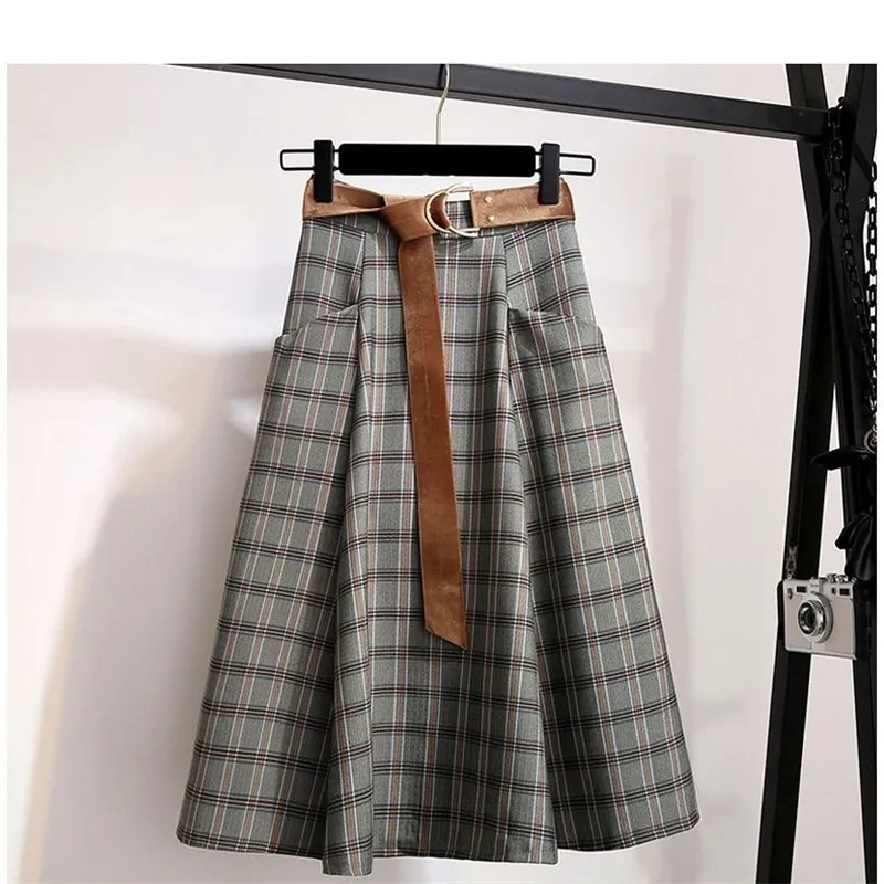 Plaid vintage warme dikke winter hoge taille vrouwen rokken vrouwelijke herfst plus size aline long girls rok bruin elegante rok 210306