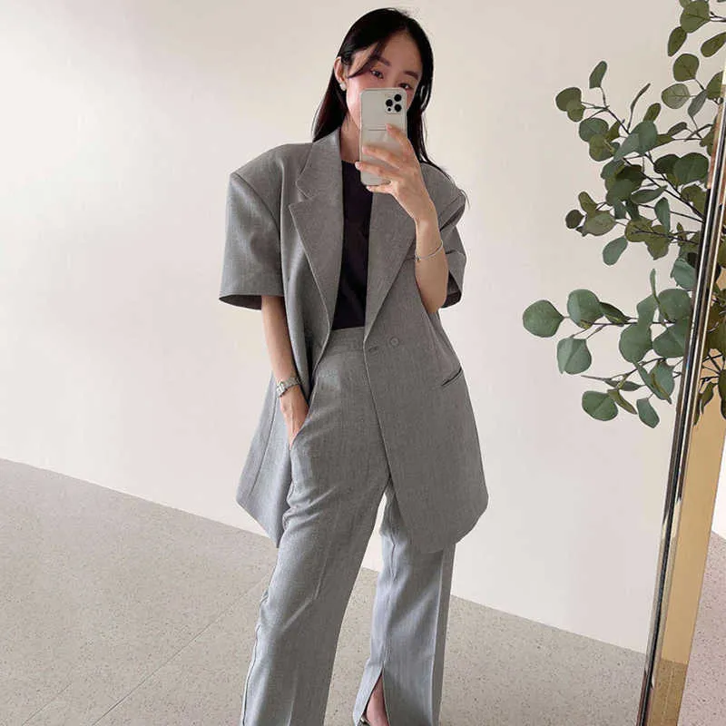 Korejpaa Kobiety Ustaw Summer Koreański Chic Damska Retro Lapel Loose Dwa Przycisk Blazer Wysoka Talia Proste Dorywczo Spodnie Split 210526