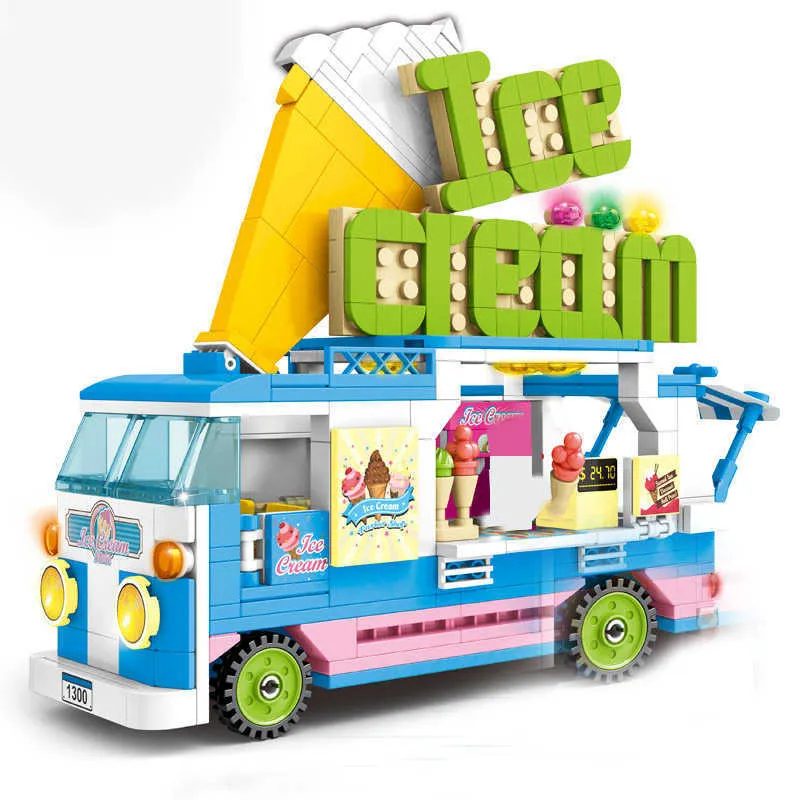 Sembo City 자동차 모델 키트 아이스크림 핫도그 여러 가지 빛깔의 음식 트럭 빌딩 블록 DIY 벽돌 친구 완구 어린이 용 작은 선물 MOC Q0624