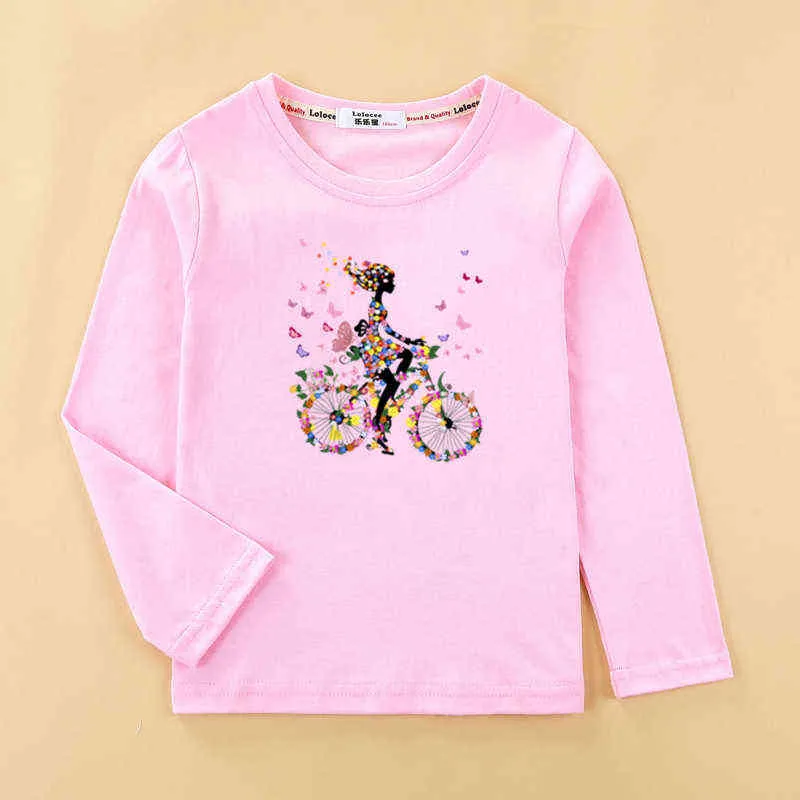 Flickor rolig t-shirt blomma-tjej frukt cykel kläder barn långärmad t-shirt 100% bomull toppar tee baby flicka g1224