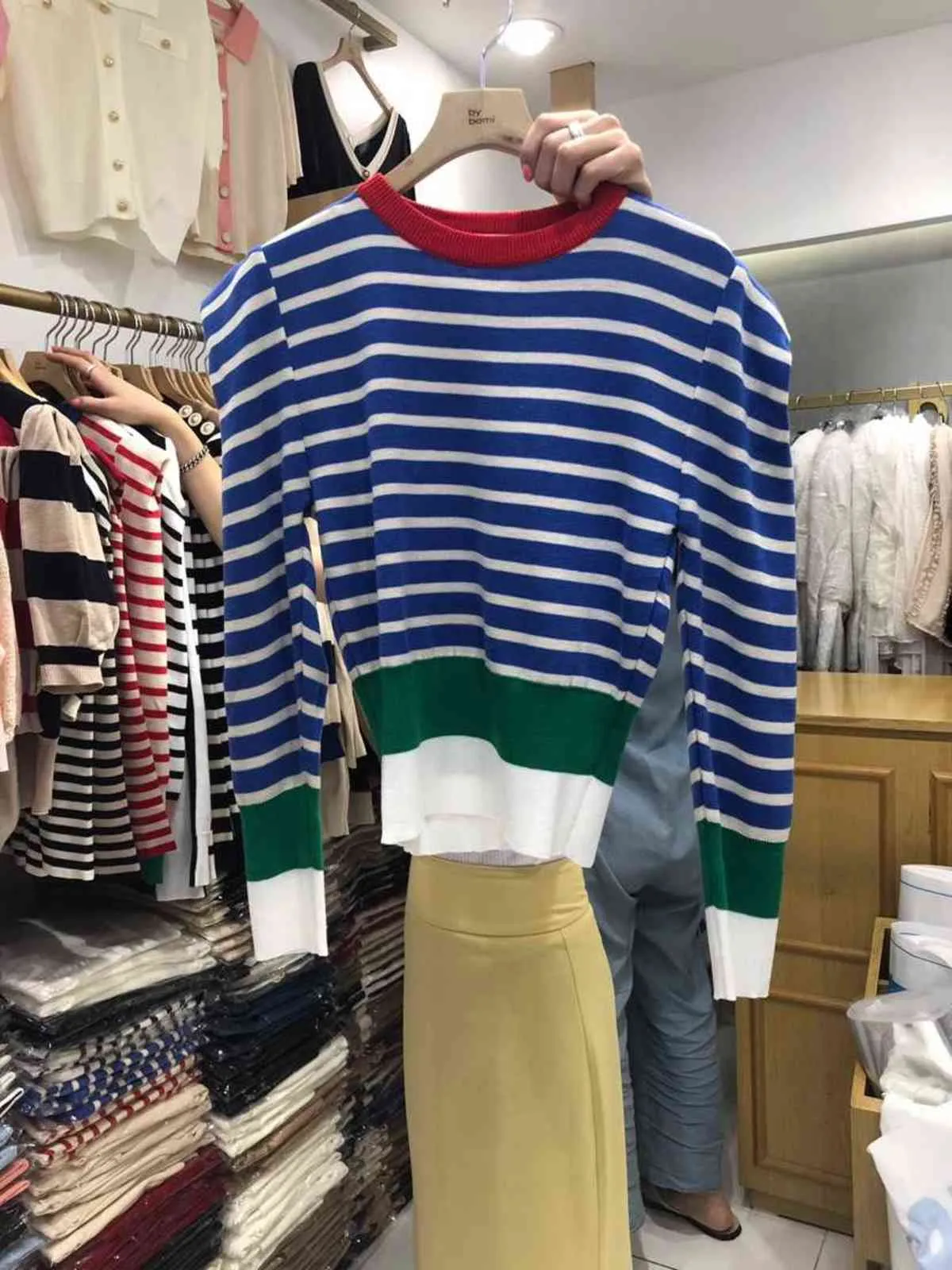 Koreanische gestreifte Farbblock-Strickpullover Pullover Herbst Winter Langarm O-Ausschnitt Tops Lässige Mode Damen Pullover 211103