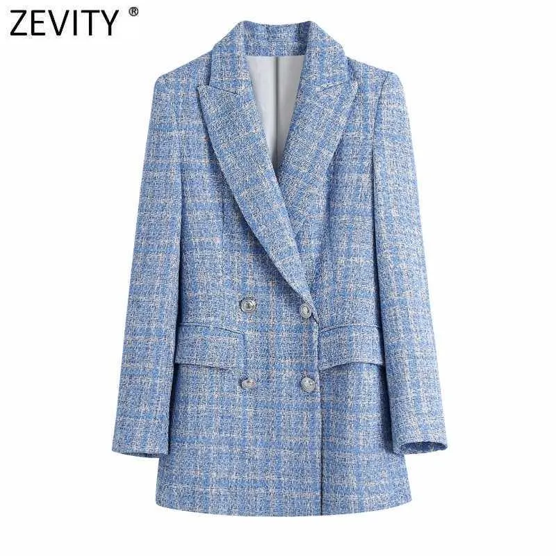 Zevity女性ヴィンテンドチェック柄テクスチャTweedウールブレザーコートオフィスレディース長袖スーツ女性アウターシックトップスCT699 210603