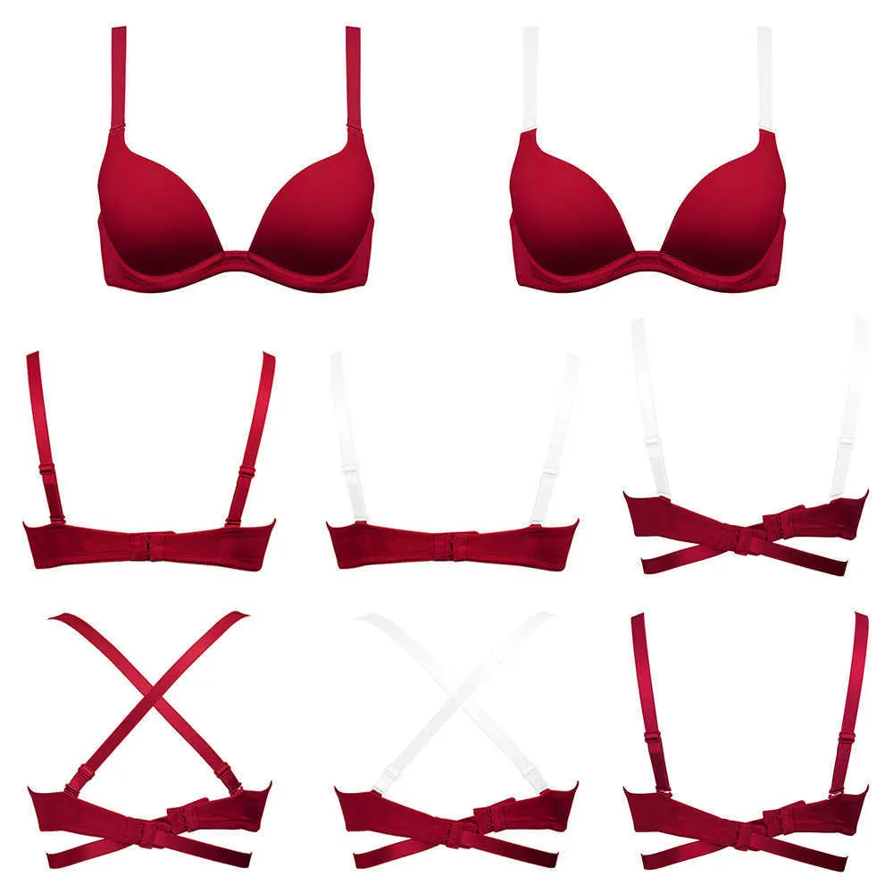 Big Red Ajusté Convertible Bretelles Femmes Push Up Bras Underwire Lingerie Sexy Deep U Bra 65 70 75 80 85 90 95 100 A B C D E 210623