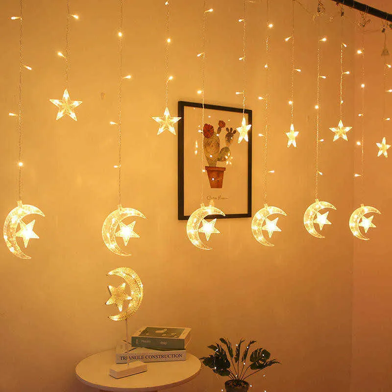 EID Mubarak Decoraion la casa Moon Star LED Light Curtain String Garland Islamic Muslim Party Al Adha Ramadan Christmas Decor 211015