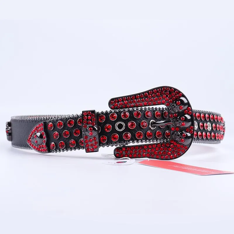 Cinturones Rojo Mujer Cráneo Rhinestone Cowgirl Cinturón Masculino Cowboy Crystal Pin Hebilla Diseñador de lujo Y2K Cintura Ceinture Western347I