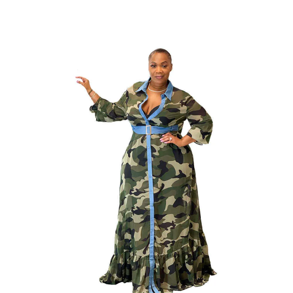 Estate le donne Plus Size 5XL Camouflage Stampa a maniche lunghe Lunghezza del pavimento Abito camicia Sexy Fashioh Goccia all'ingrosso 211025