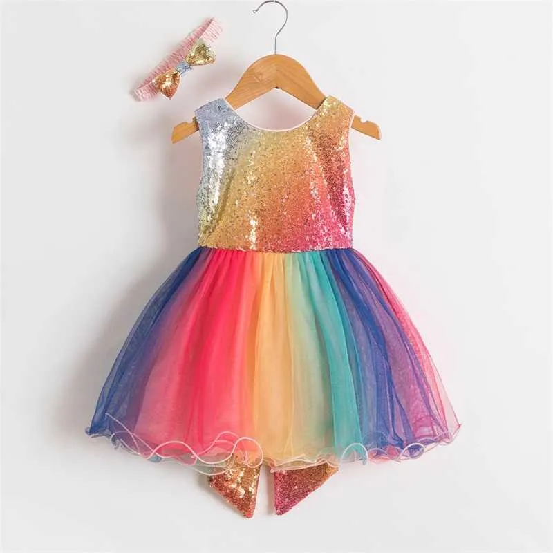 Le ragazze con paillettes sfumate vestono i vestiti bambini senza maniche estivi le ragazze Abiti da ballo bambini con abito da ballo arcobaleno feste da principessa Q0716