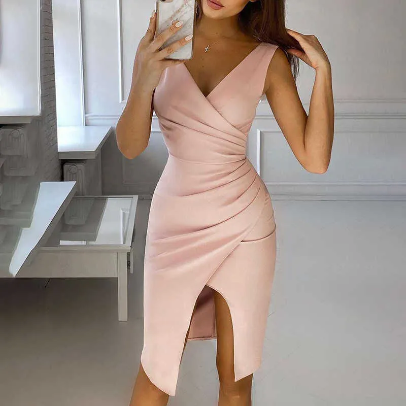 Femmes Mode Clubwear Élégant Sexy Wrap Robe Bureau Lady Col V Sans Manches Ruché Slit Hem Robe Moulante 210716