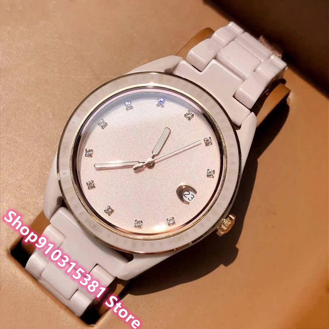 Clássico marca cristal diamante quartzo relógio de aço inoxidável rosa branco branco relógio cerâmico moda mulheres relógio de cerâmica 36mm